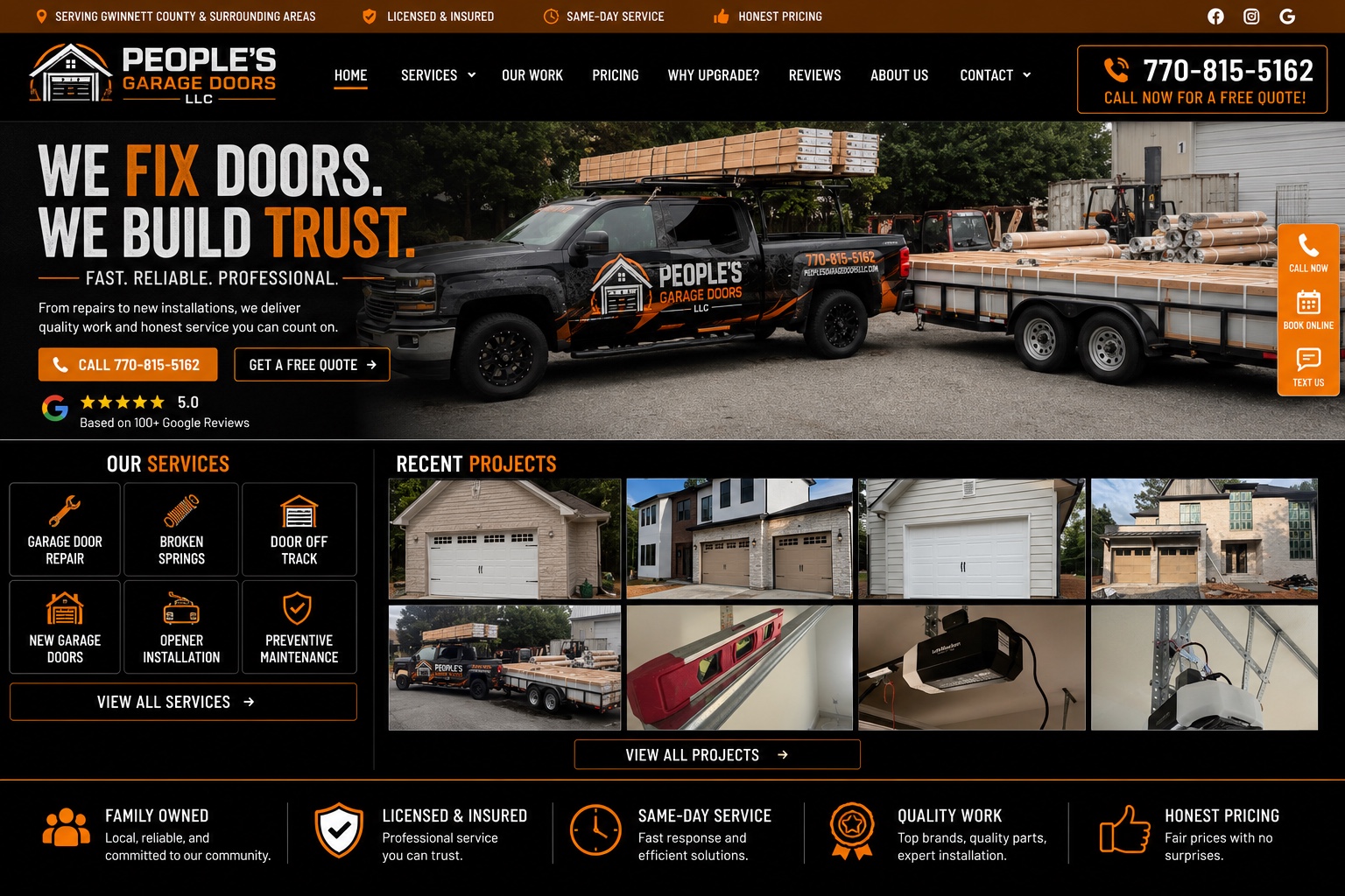 People's Garage Doors homepage design with wrapped truck, services, and recent projects
